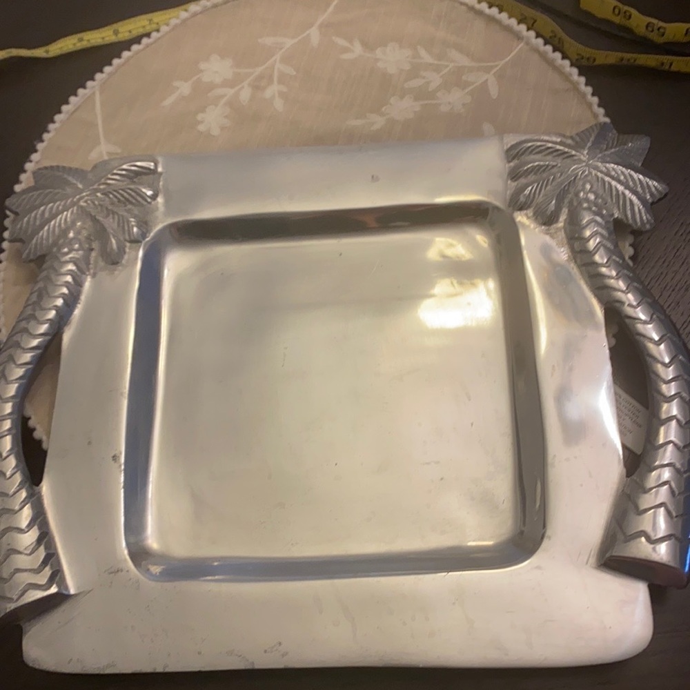Tiki design! Made in “India” Large metal tray!! 15 1/2 by 12 Palm Tree Handles!